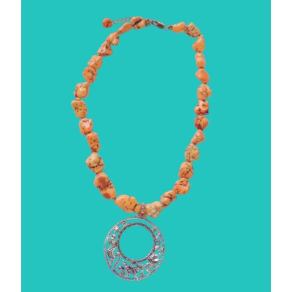 Vtg Orange Magnesite Howlite Stone Pendant Necklace Rodeo Cowboy Western Chunky - Picture 4 of 5